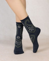 Chaussettes laine fine fleurs cachemire